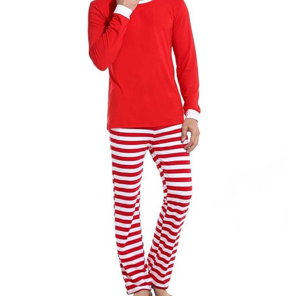 Matching Red White Striped Winter Christmas Family Pajamas PJs Men Women Kids - Picture 1 of 16